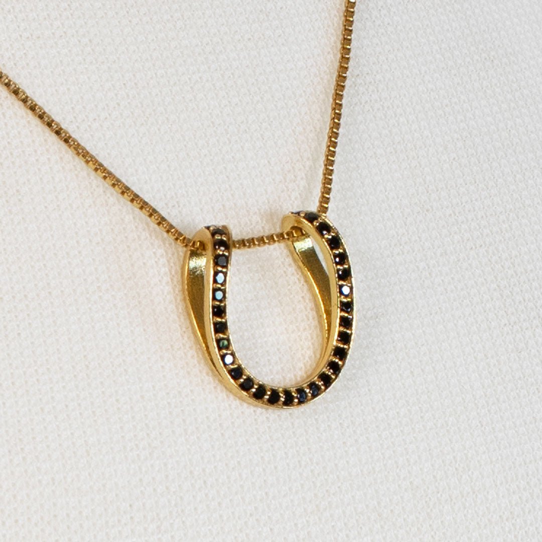 Levade -Black Moissanite Horseshoe Equestrian Necklace in Gold