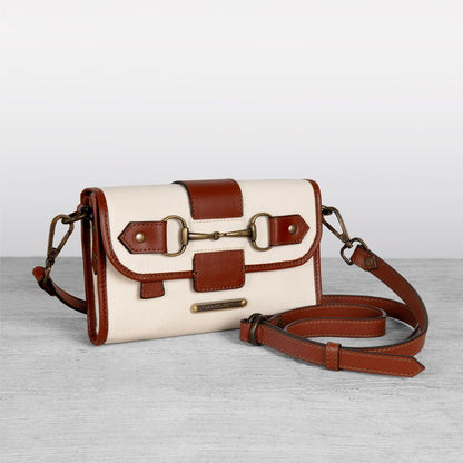 Dalton - Horse Bit Crossbody Luxury Leather Handbag in Cognac on Ivory