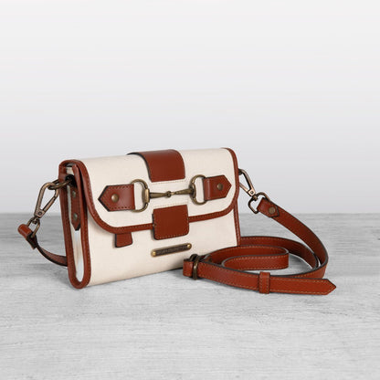 Dalton - Horse Bit Crossbody Luxury Leather Handbag in Cognac on Ivory