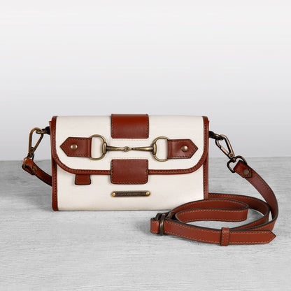 Dalton - Horse Bit Crossbody Luxury Leather Handbag in Cognac on Ivory