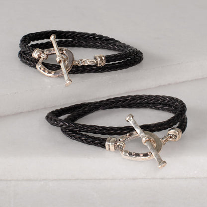 Roundup - Braided Leather Horseshoe Bracelet in Black & Silver
