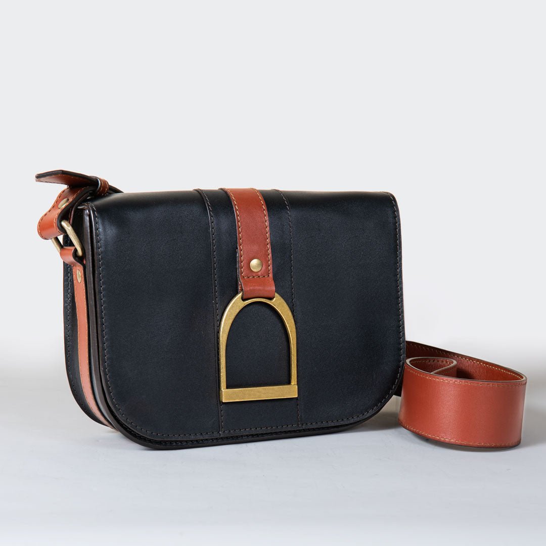 Signature Stirrup - Riding Stirrup Crossbody Luxury Leather Handbag in Cognac on Black