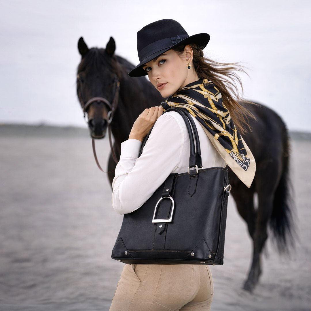 Signature - Riding Stirrup Tote Luxury Leather Handbag in Black