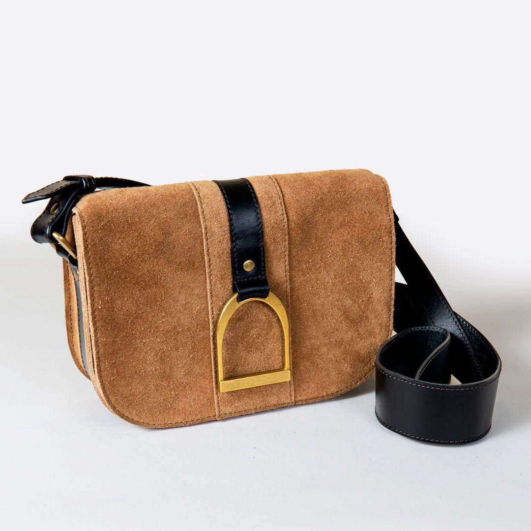 Signature Stirrup - Riding Stirrup Crossbody Luxury Leather Handbag in Black on Chestnut
