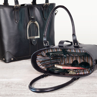 Signature - Riding Stirrup Tote Luxury Leather Handbag in Black