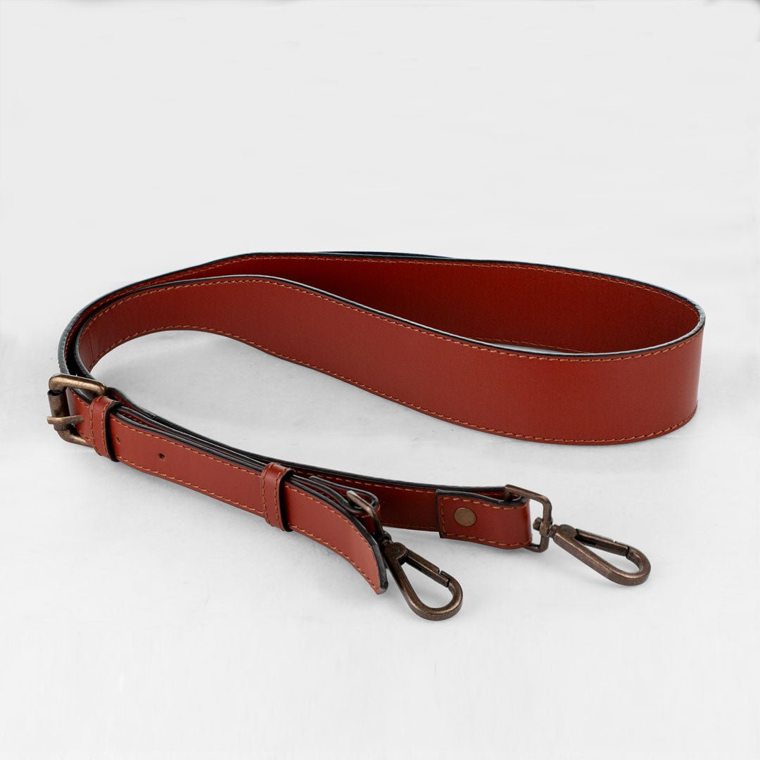 Wide Taper Bag Strap - Antique Brass and Deep Cognac Leather