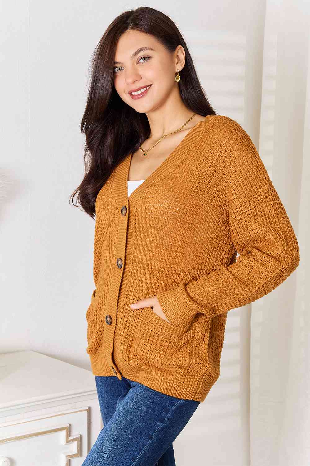 Double Take Drop Shoulder Button Down Cardigan with Pockets