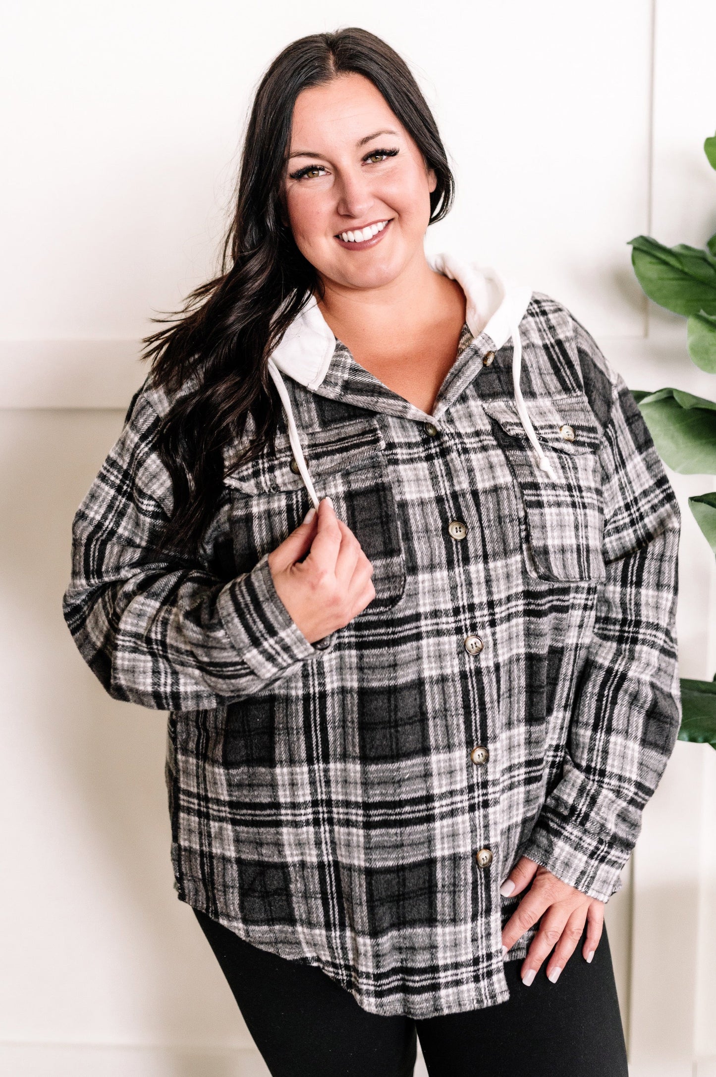10.11 Hooded Flannel Shacket In Grey Plaid