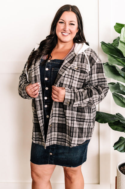 10.11 Hooded Flannel Shacket In Grey Plaid