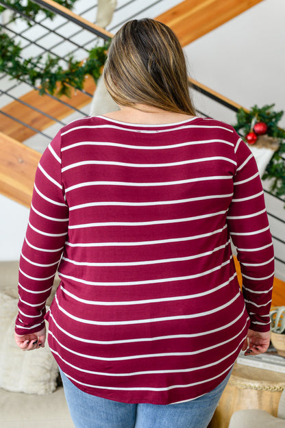 Erika Striped V-Neck Long Sleeve Top in Burgundy