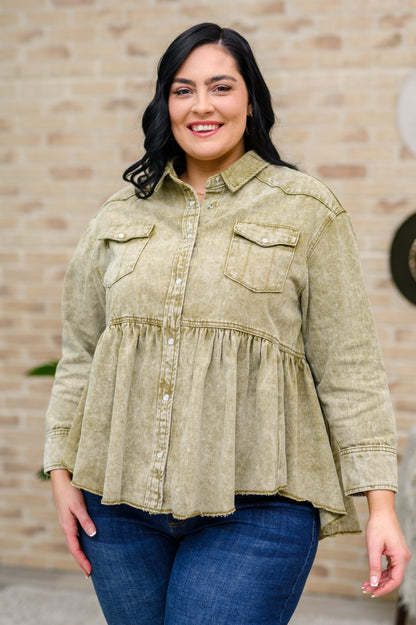 Green Tea Button Up Long Sleeve Top in Olive
