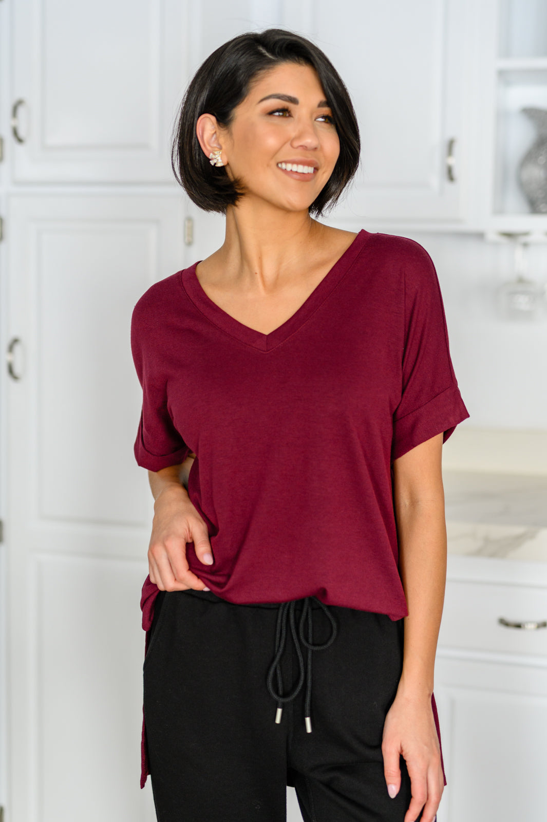 Let The Days Pass By Short Sleeve Top in Burgundy