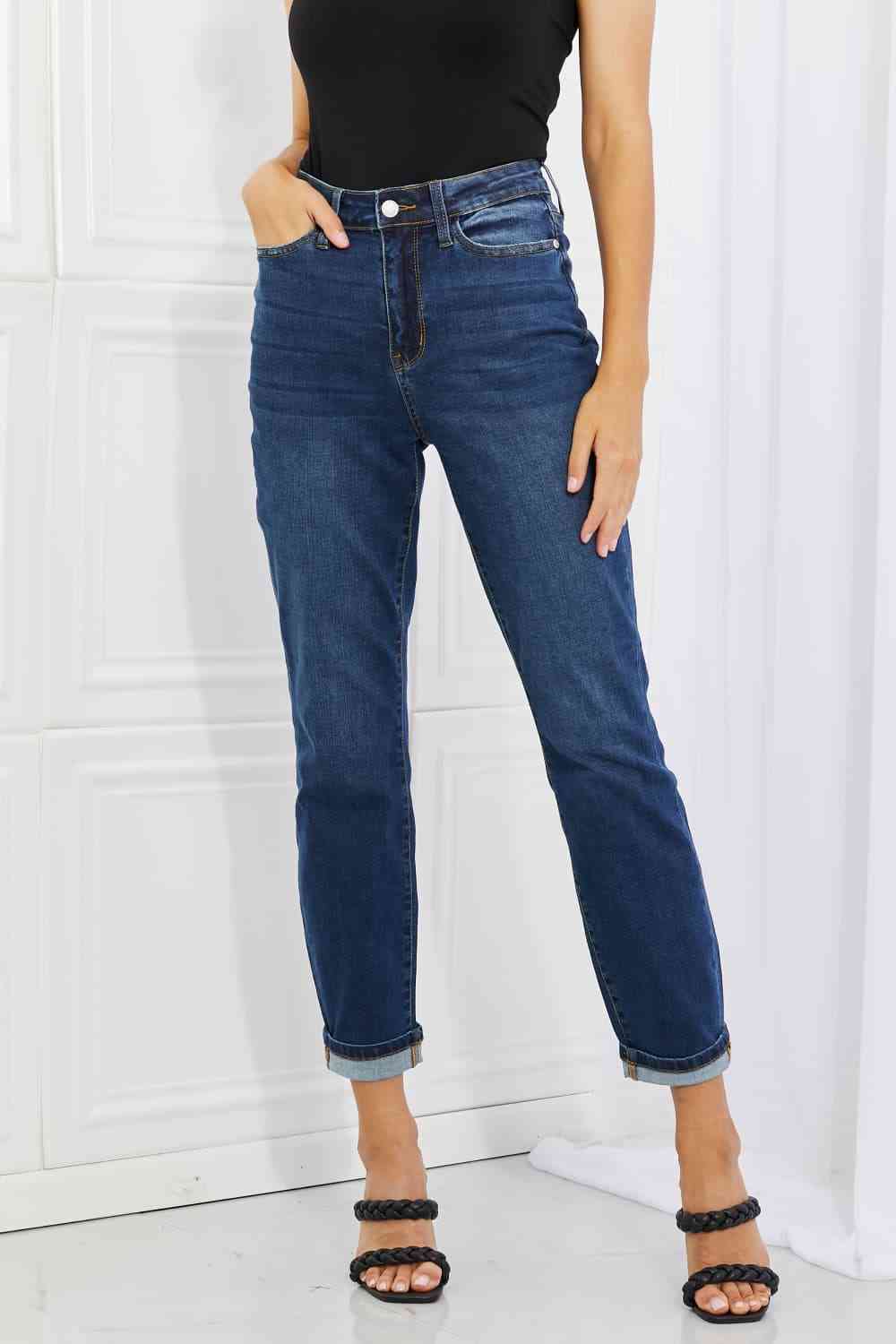 Judy Blue Crystal Full Size High Waisted Cuffed Boyfriend Jeans