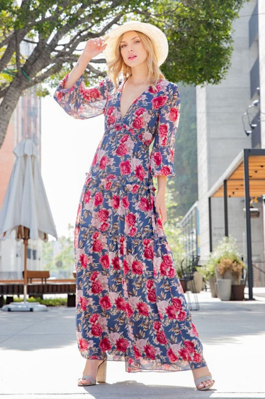ee:some Floral Frill Trill Deep V Maxi Dress - Navy/Red / S