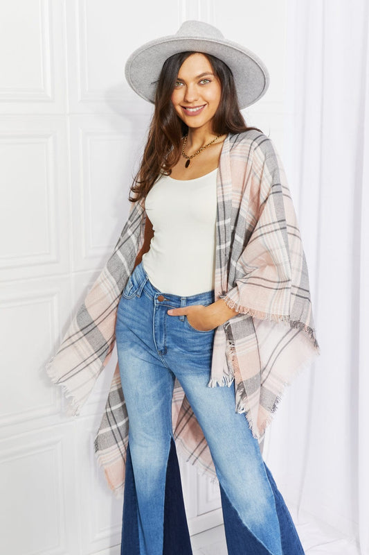 Leto Punch of Plaid Lightweight Poncho - Pink / One Size -